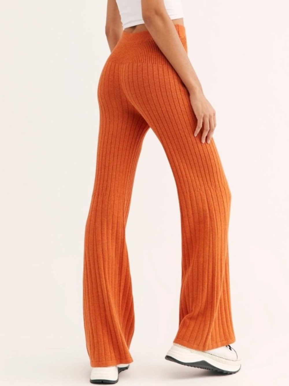 Free People Ribbed Knit Wide-Leg Pants - Burnt Orange